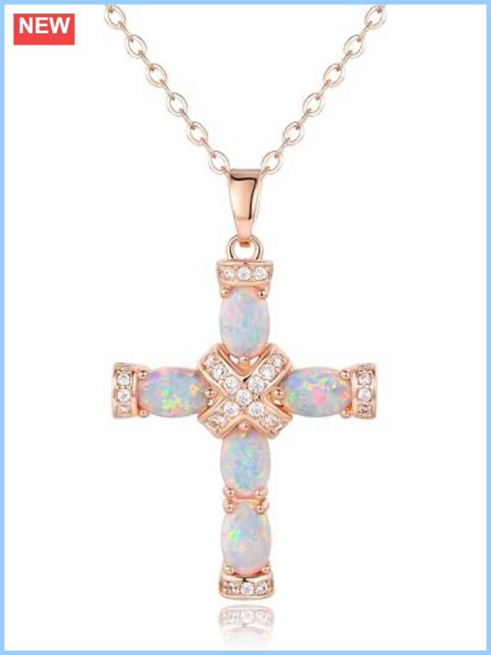 18K Gold Plated Created Opal Cross Necklace 18 Inches with 2 Inch Extension